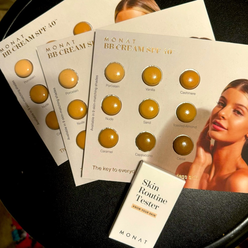Monat BB Cream color sample cards and Skin Routine tester strips
